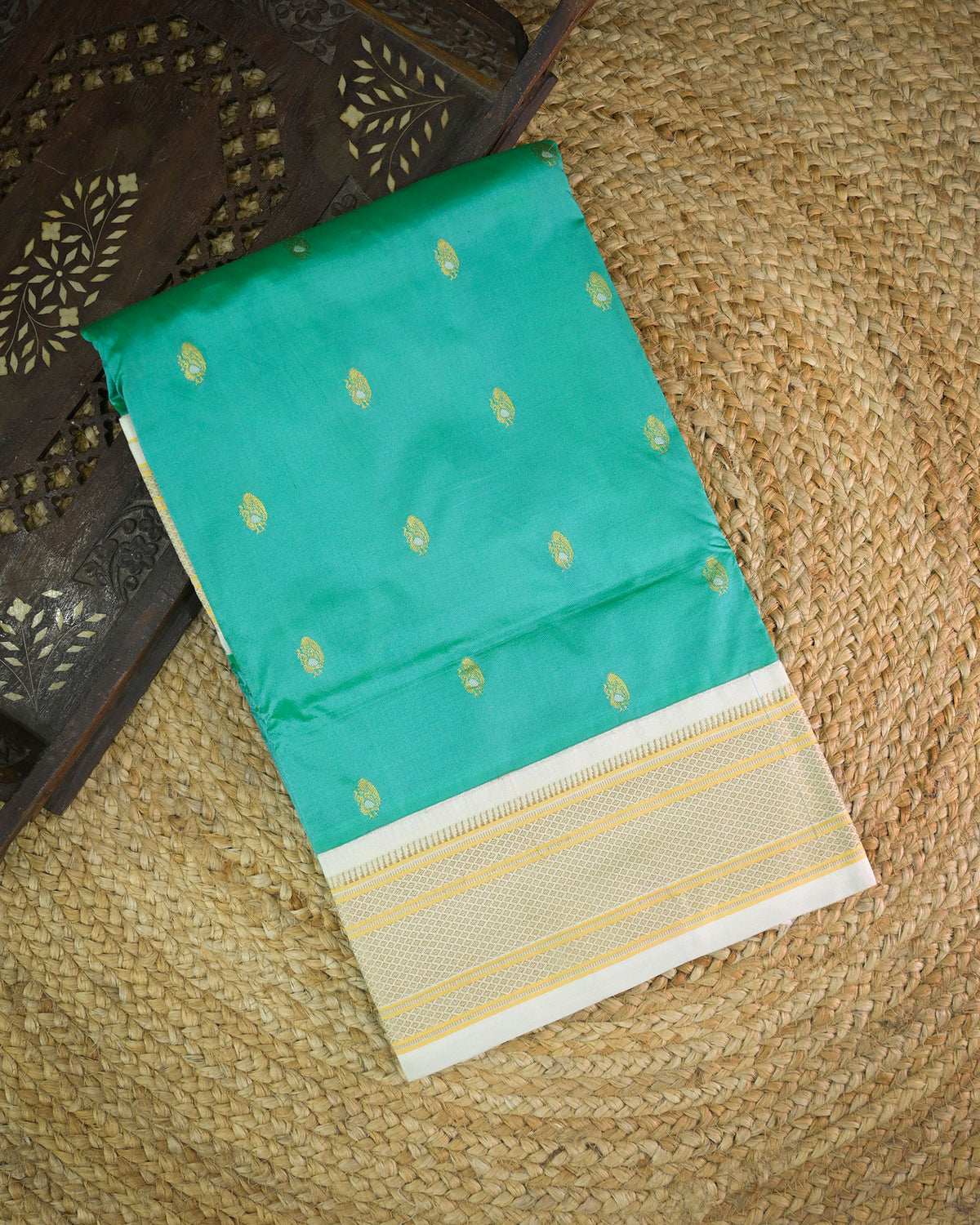 Cross morepanki blue Silk Paithani Woven paithani with white contrast