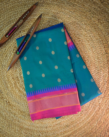 Peacock Blue Semi Paithani Silk Saree with Pink Contrast & Woven Chunri Buttis
