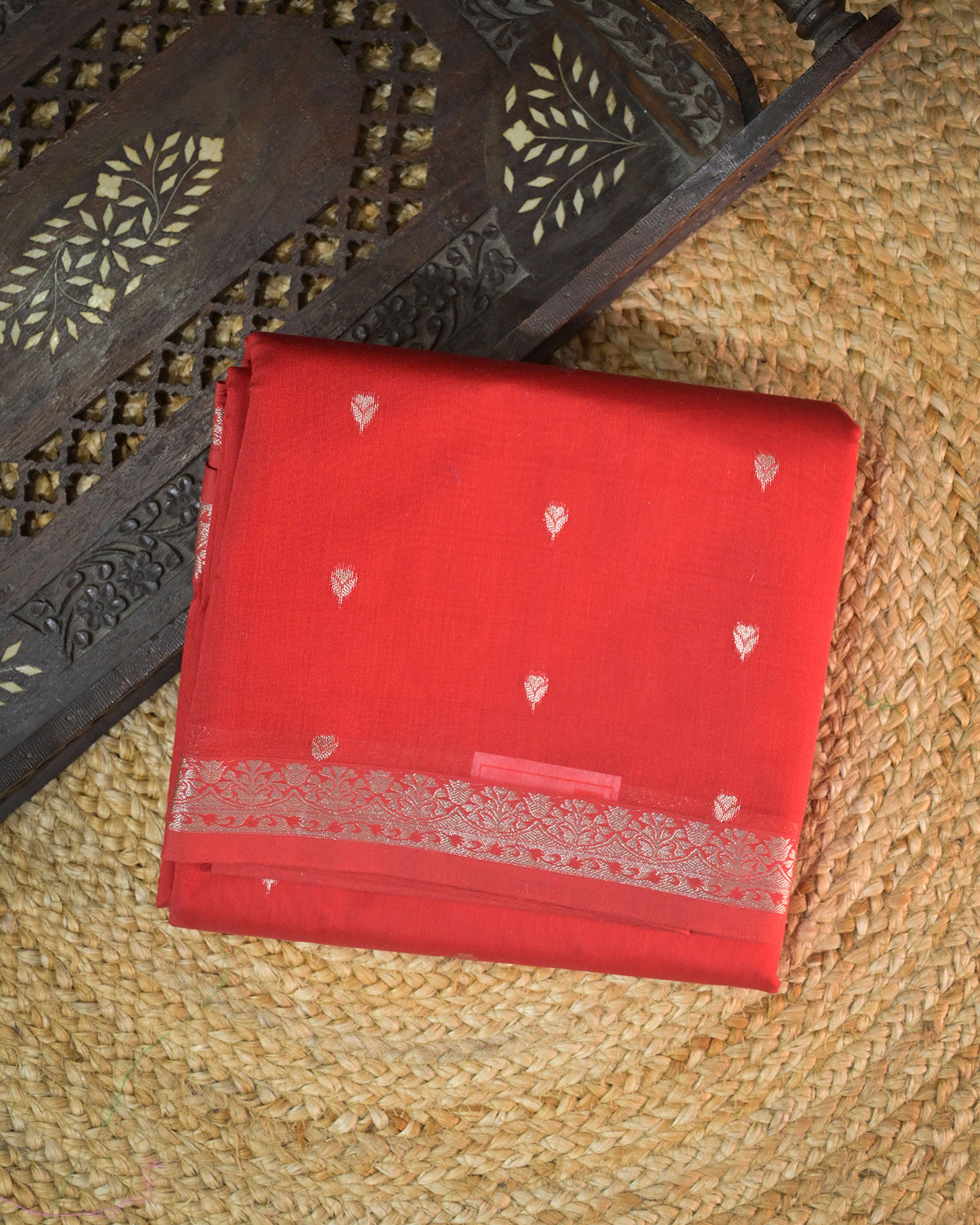 Red Chanderi Cotton Saree with Woven Buttis & Piping Border