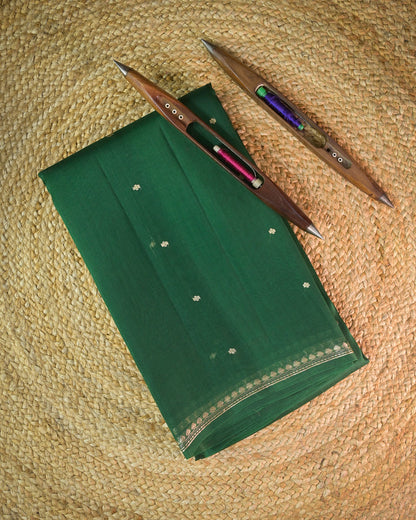 Bottle Green Pure Banarasi Kora Silk Saree with Chunri Buttis