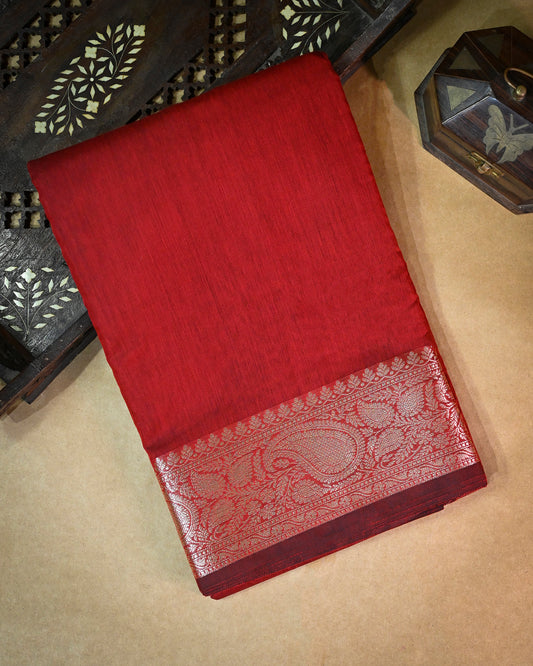 Red Maroon Cotton/Linen Saree – Woven Plain Body with Rich Pallu