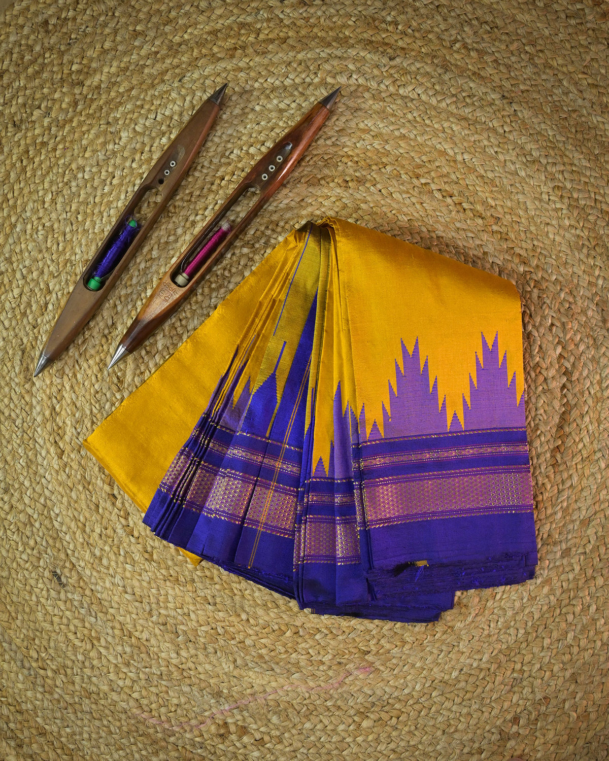 Mustard Yellow Silk Handloom Kolhapuri Ilkal Saree with Blue Temple Border