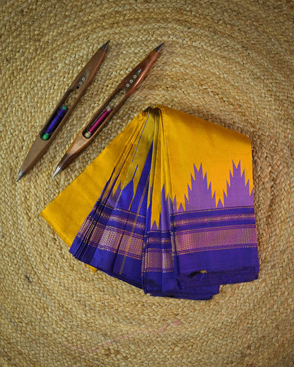 Mustard Yellow Silk Handloom Kolhapuri Ilkal Saree with Blue Temple Border