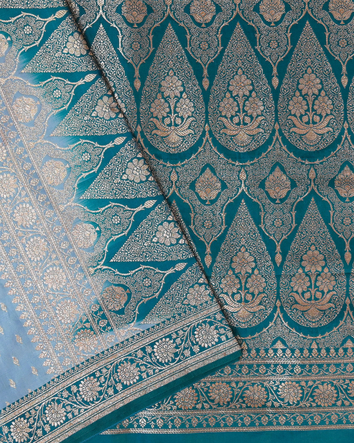 Pastel blue Banarasi Silk Saree with Rama Contrast & Woven Chunri Buttis