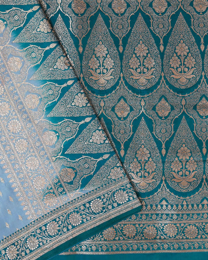 Pastel blue Banarasi Silk Saree with Rama Contrast & Woven Chunri Buttis