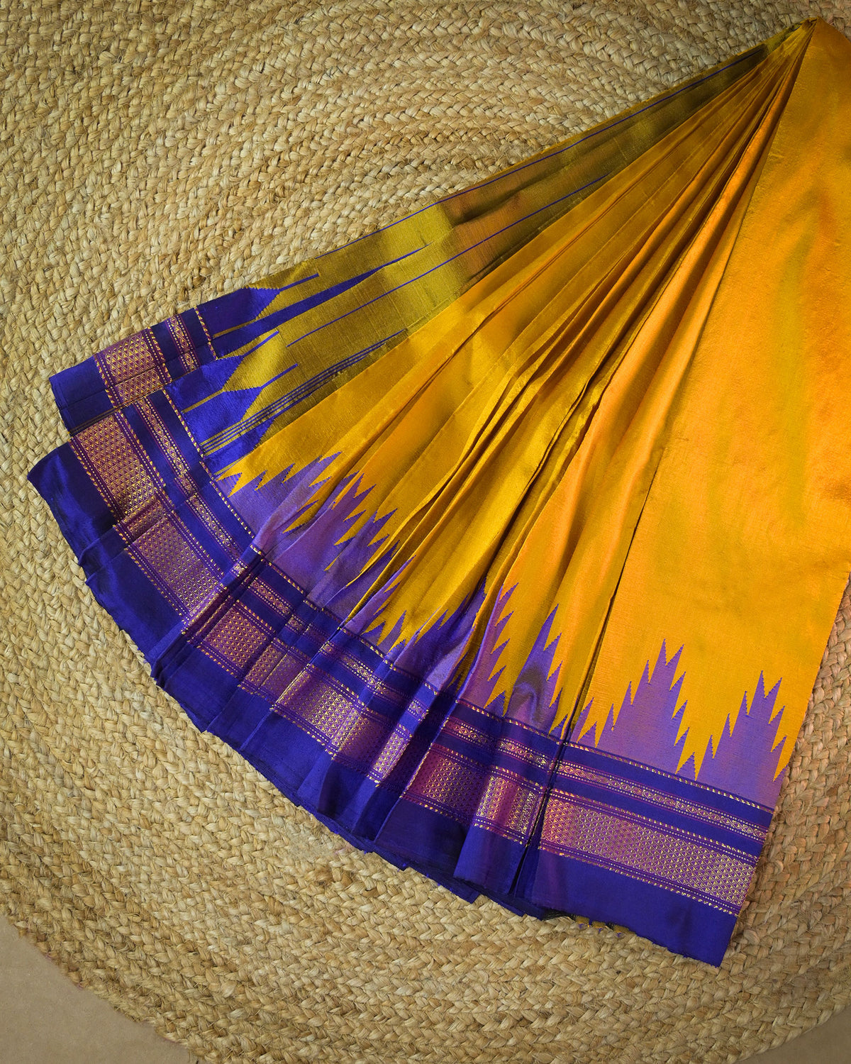 Mustard Yellow Silk Handloom Kolhapuri Ilkal Saree with Blue Temple Border