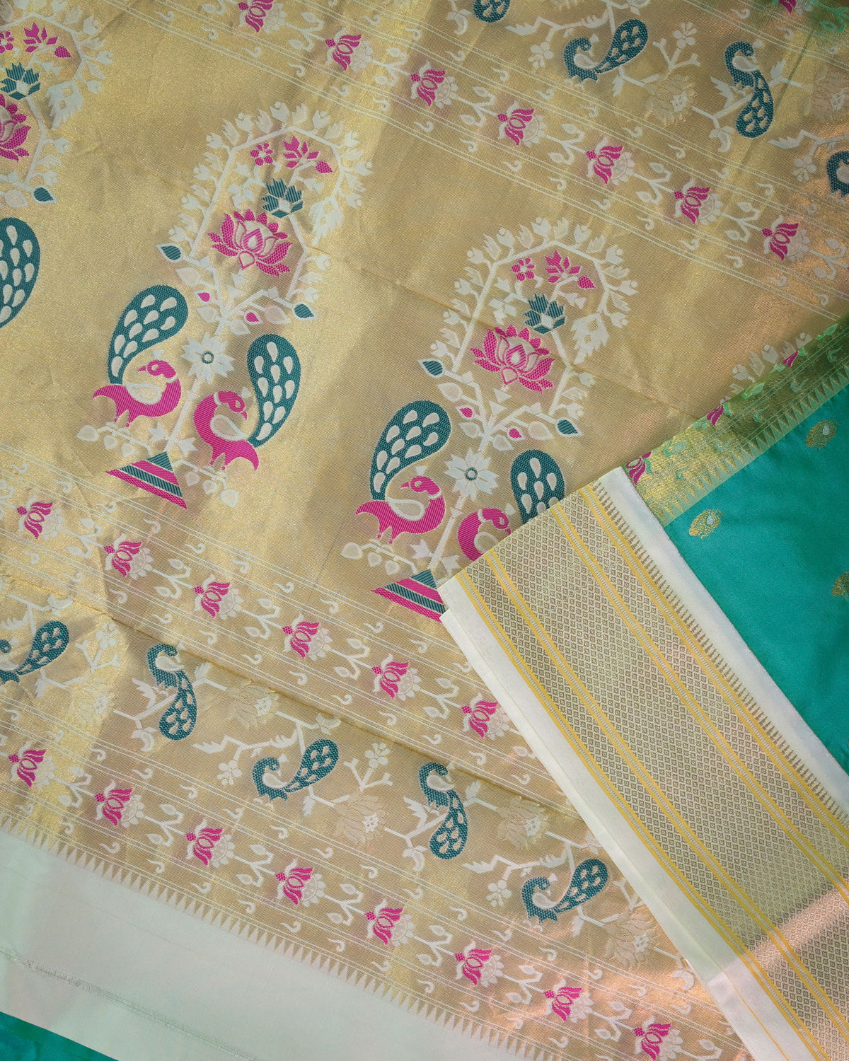 Cross morepanki blue Silk Paithani Woven paithani with white contrast