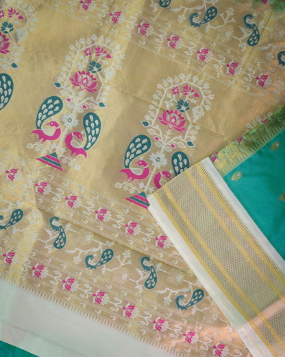 Cross morepanki blue Silk Paithani Woven paithani with white contrast