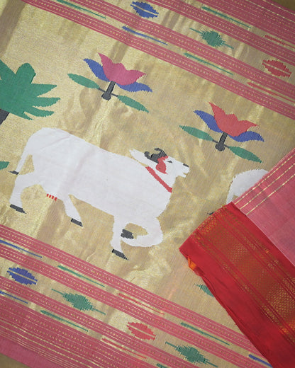 Peach pink Handloom Cotton Paithani Saree with Heavy Ghaivasru Pallu