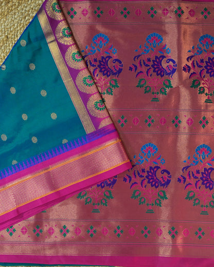 Peacock Blue Semi Paithani Silk Saree with Pink Contrast & Woven Chunri Buttis