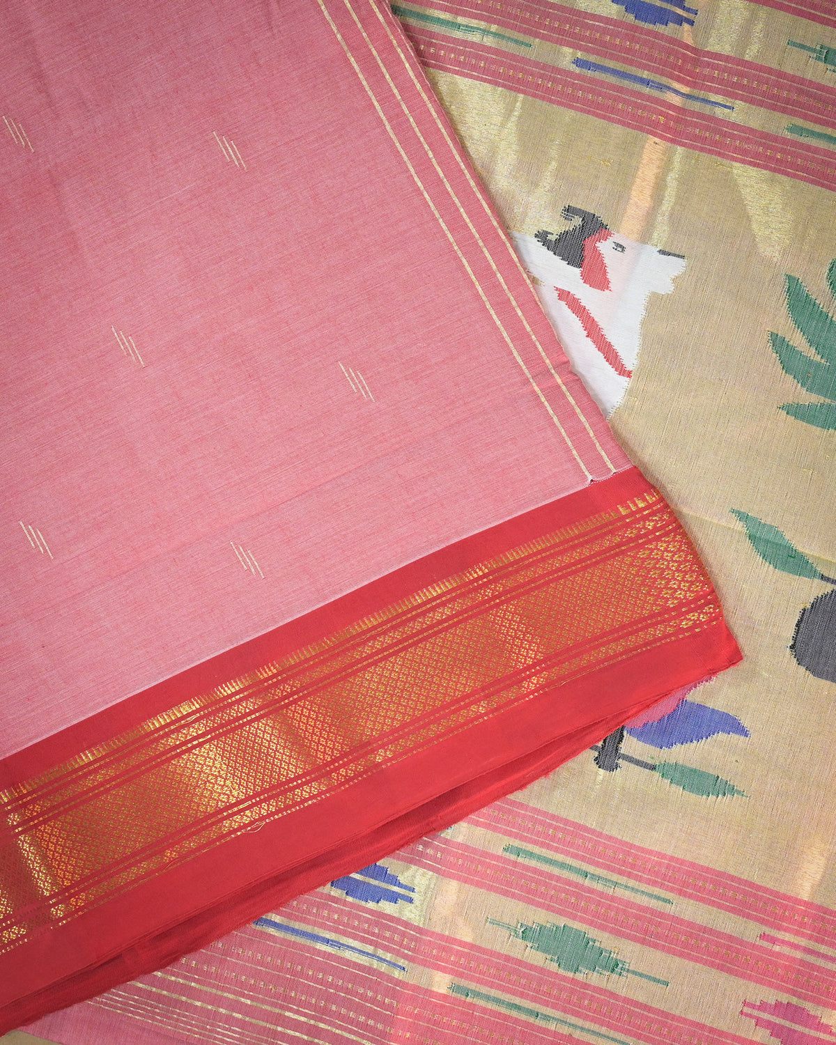 Peach pink Handloom Cotton Paithani Saree with Heavy Ghaivasru Pallu