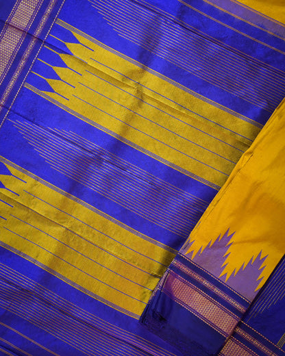Mustard Yellow Silk Handloom Kolhapuri Ilkal Saree with Blue Temple Border