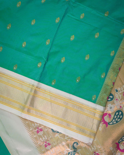 Cross morepanki blue Silk Paithani Woven paithani with white contrast