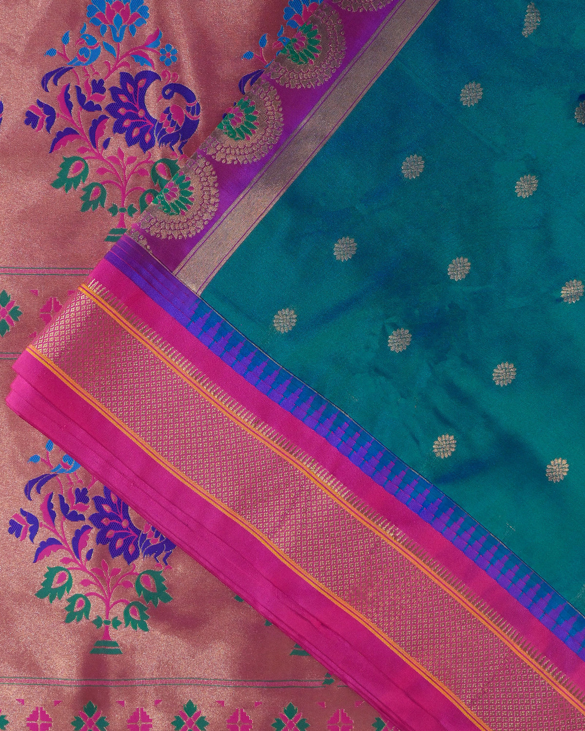 Peacock Blue Semi Paithani Silk Saree with Pink Contrast & Woven Chunri Buttis