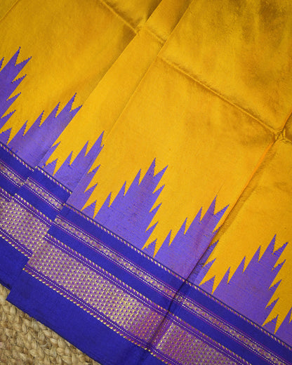 Mustard Yellow Silk Handloom Kolhapuri Ilkal Saree with Blue Temple Border