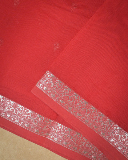 Red Chanderi Cotton Saree with Woven Buttis & Piping Border