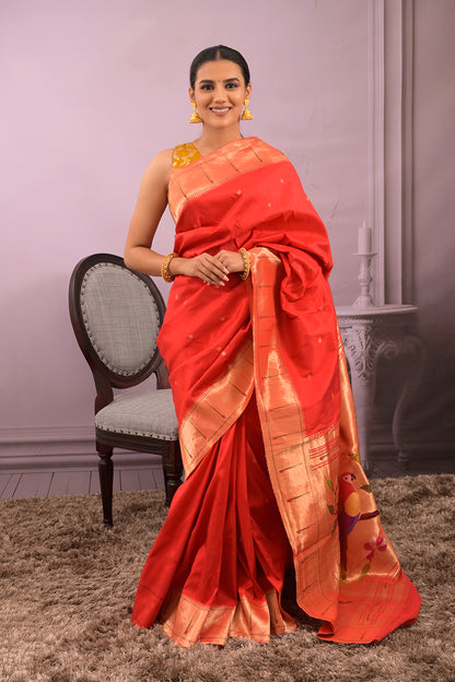 Paithani Woven Gold Jari Motifs With Single Muniya Border