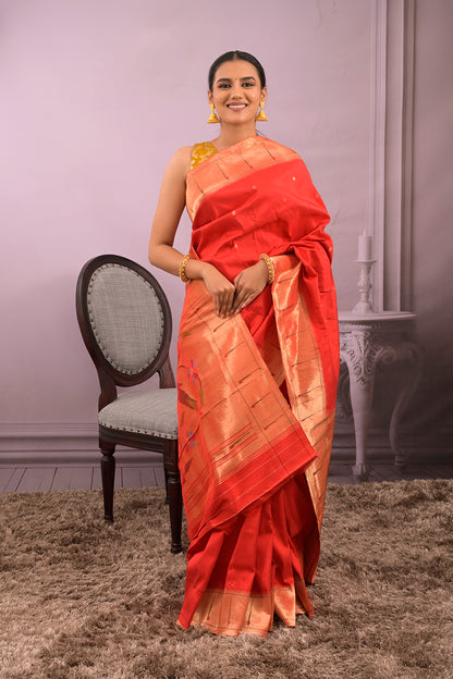 Paithani Woven Gold Jari Motifs With Single Muniya Border