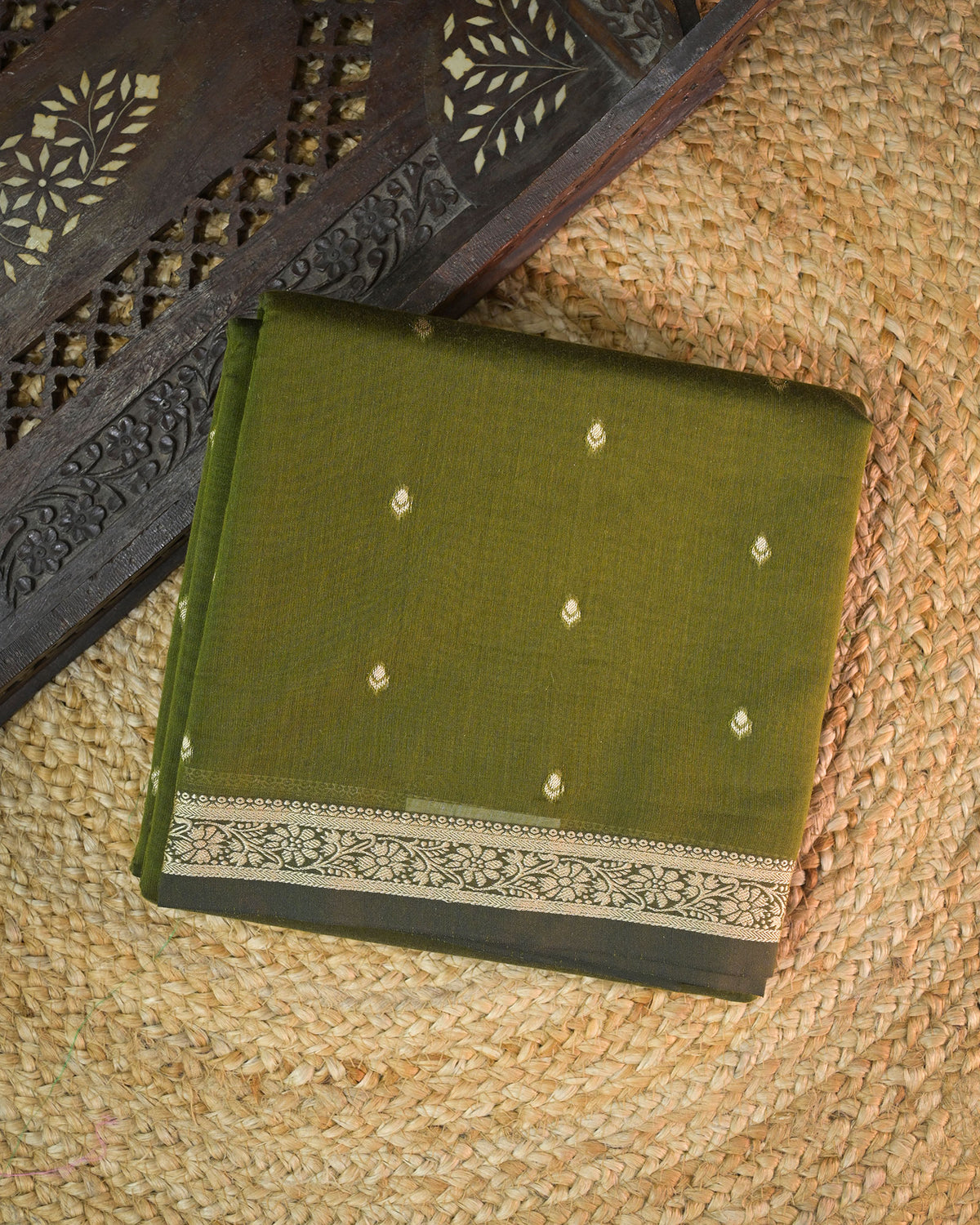 Olive Green Chanderi Cotton Saree with Woven Buttis & Piping Border