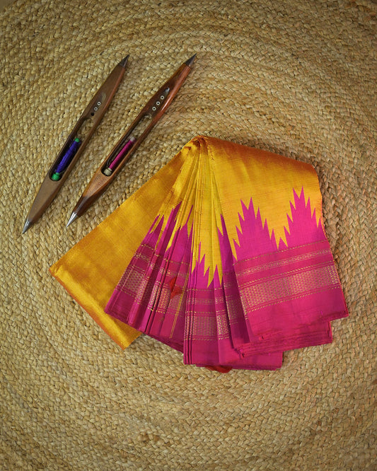 Gold Silk Handloom Kolhapuri Ilkal Saree with Pink Temple Border