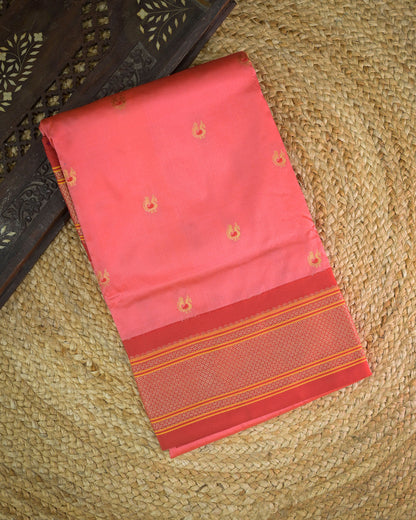 Peach pink Silk Paithani Woven paithani with red contrast
