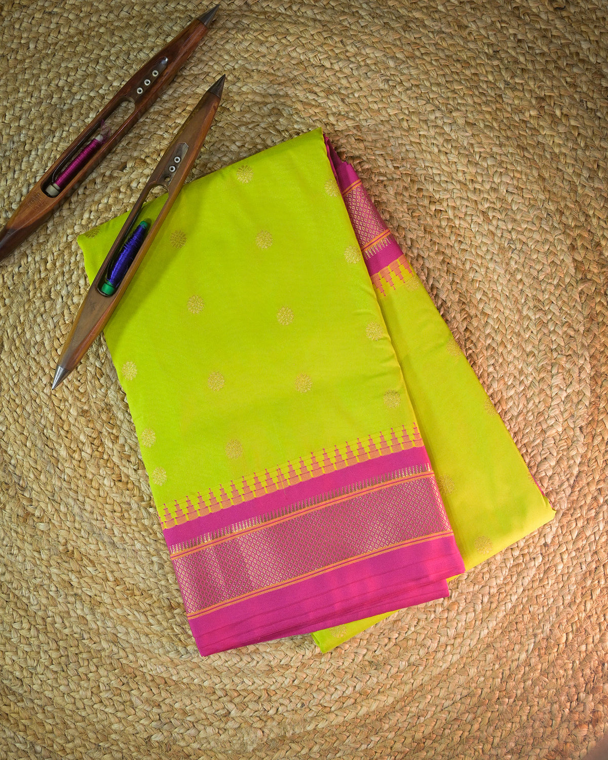 Parrot Green Semi Paithani Silk Saree with Pink Contrast & Woven Chunri Buttis
