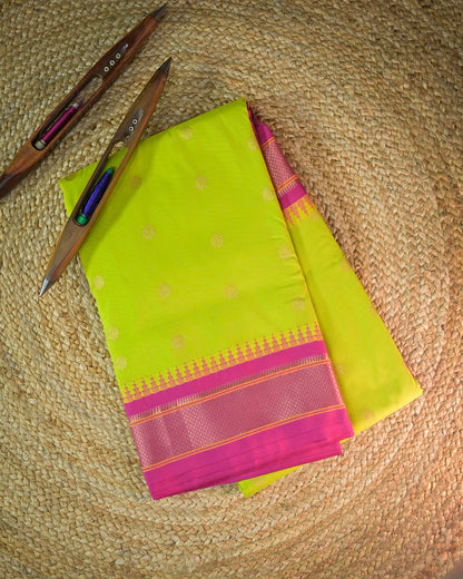 Parrot Green Semi Paithani Silk Saree with Pink Contrast & Woven Chunri Buttis