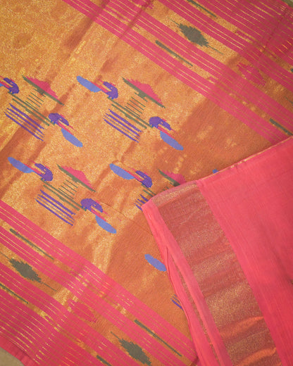 Pink Handloom Cotton Paithani Saree with Heavy Zari Pallu