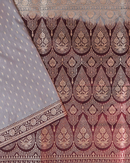 Beige Banarasi Silk Saree with Maroon Contrast & Woven Chunri Buttis