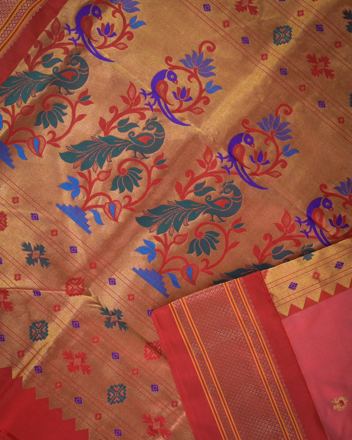 Peach pink Silk Paithani Woven paithani with red contrast