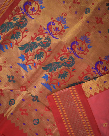Peach pink Silk Paithani Woven paithani with red contrast