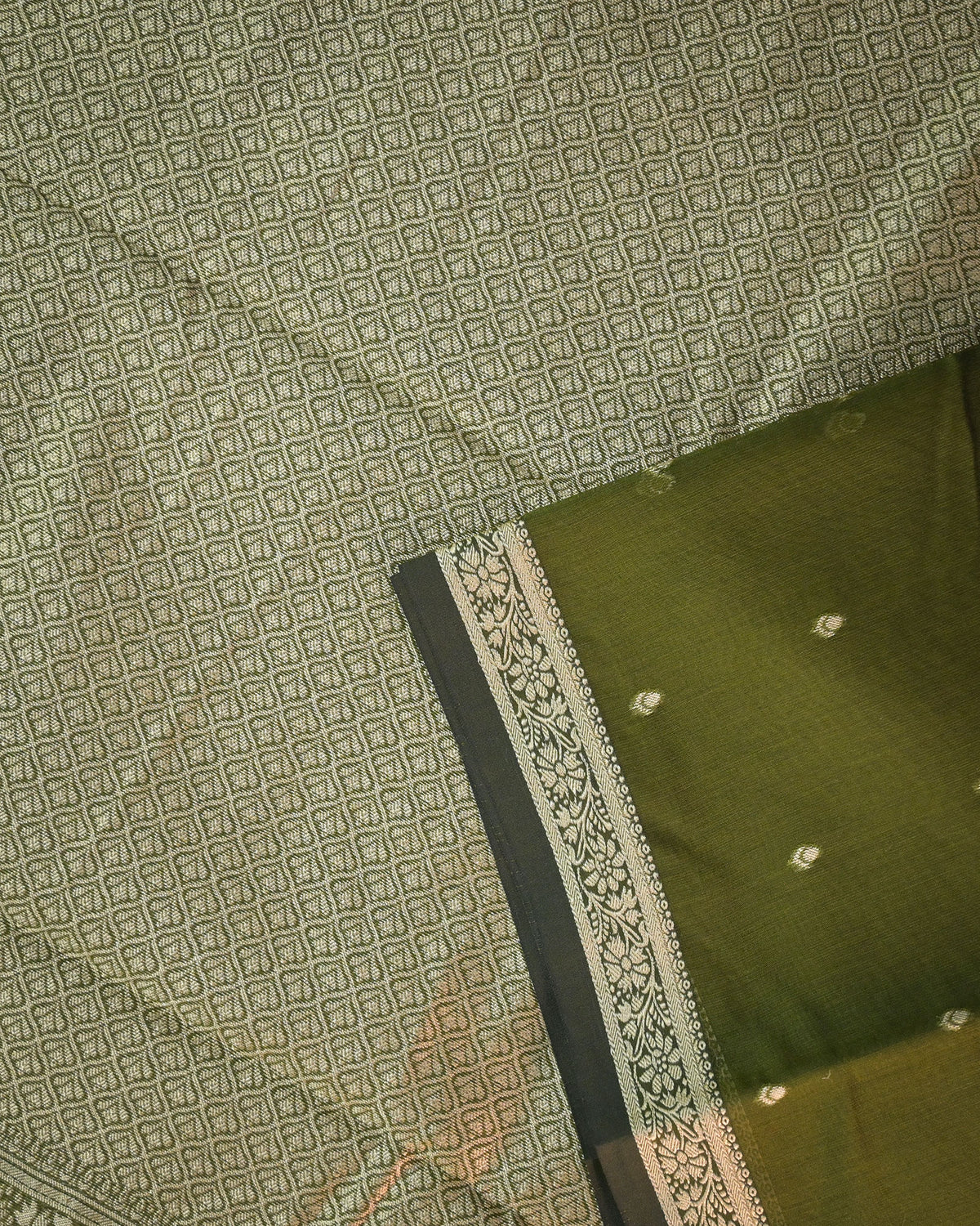 Olive Green Chanderi Cotton Saree with Woven Buttis & Piping Border