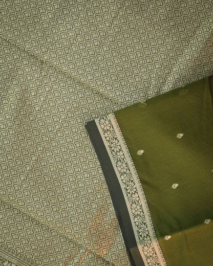 Olive Green Chanderi Cotton Saree with Woven Buttis & Piping Border