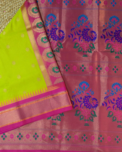 Parrot Green Semi Paithani Silk Saree with Pink Contrast & Woven Chunri Buttis