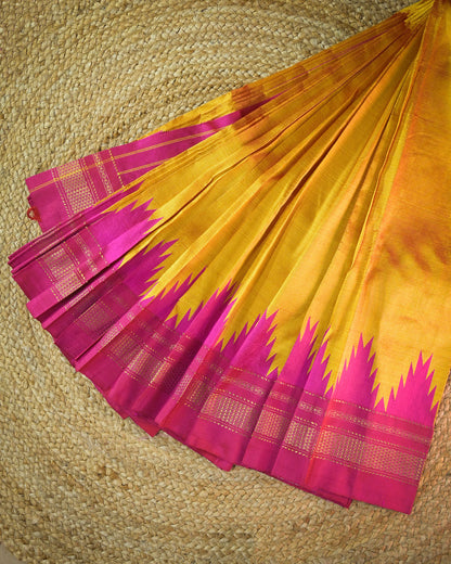 Gold Silk Handloom Kolhapuri Ilkal Saree with Pink Temple Border