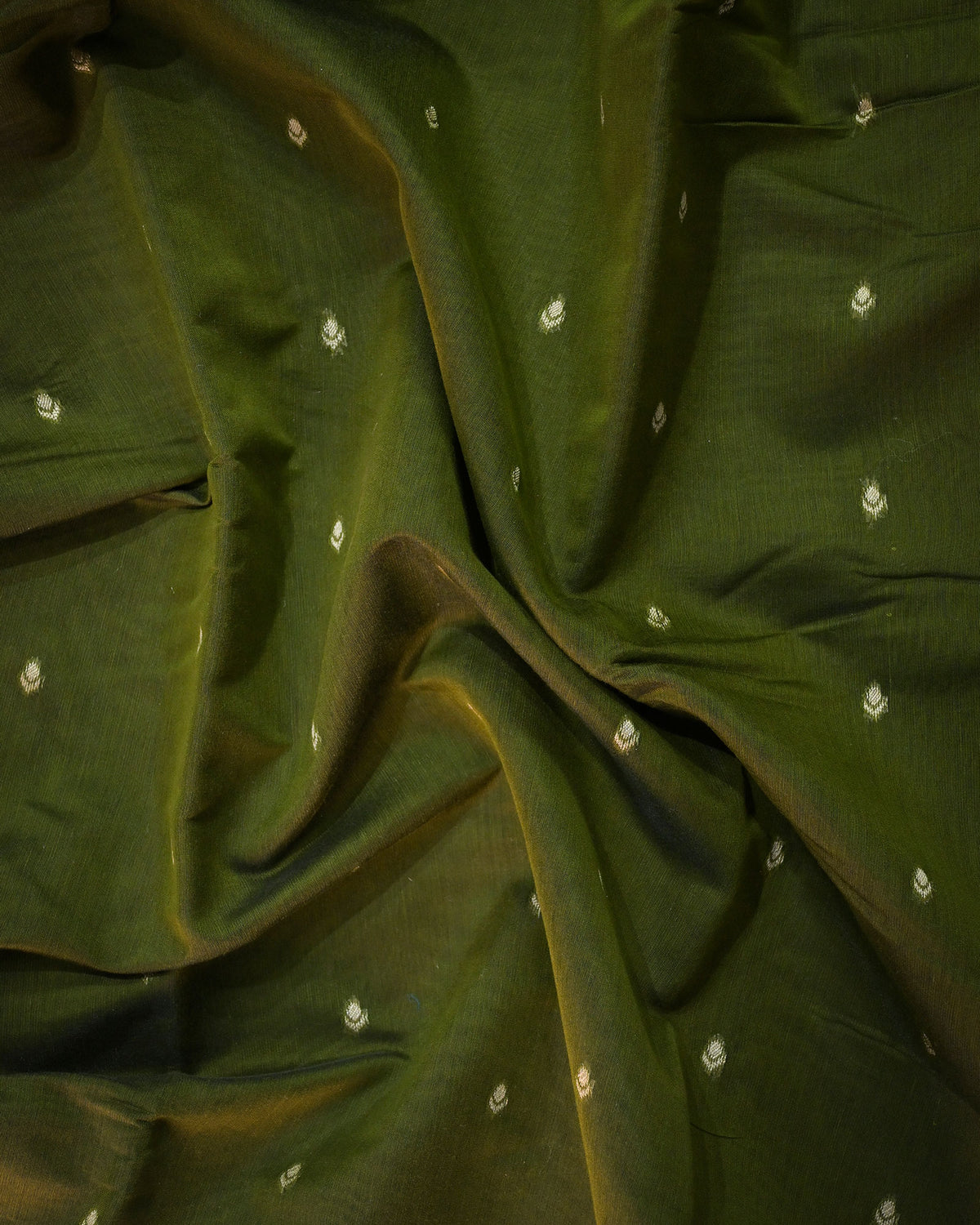 Olive Green Chanderi Cotton Saree with Woven Buttis & Piping Border