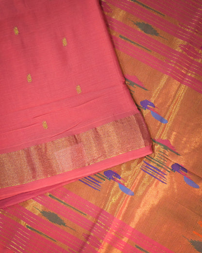 Pink Handloom Cotton Paithani Saree with Heavy Zari Pallu