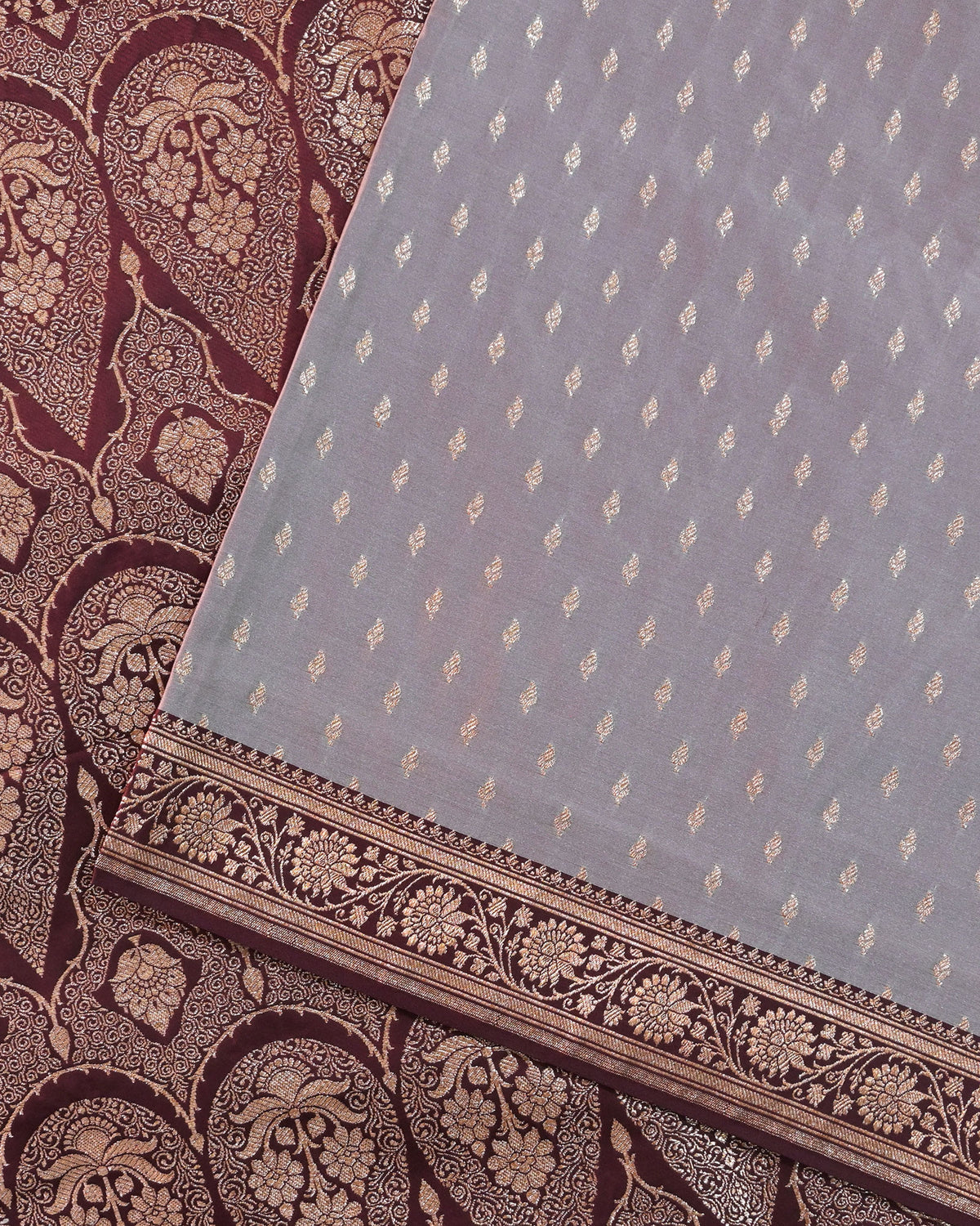 Beige Banarasi Silk Saree with Maroon Contrast & Woven Chunri Buttis