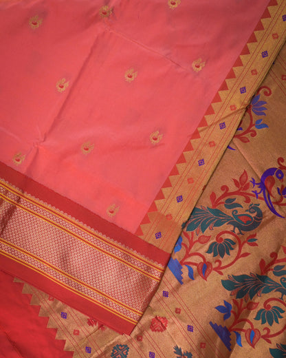 Peach pink Silk Paithani Woven paithani with red contrast