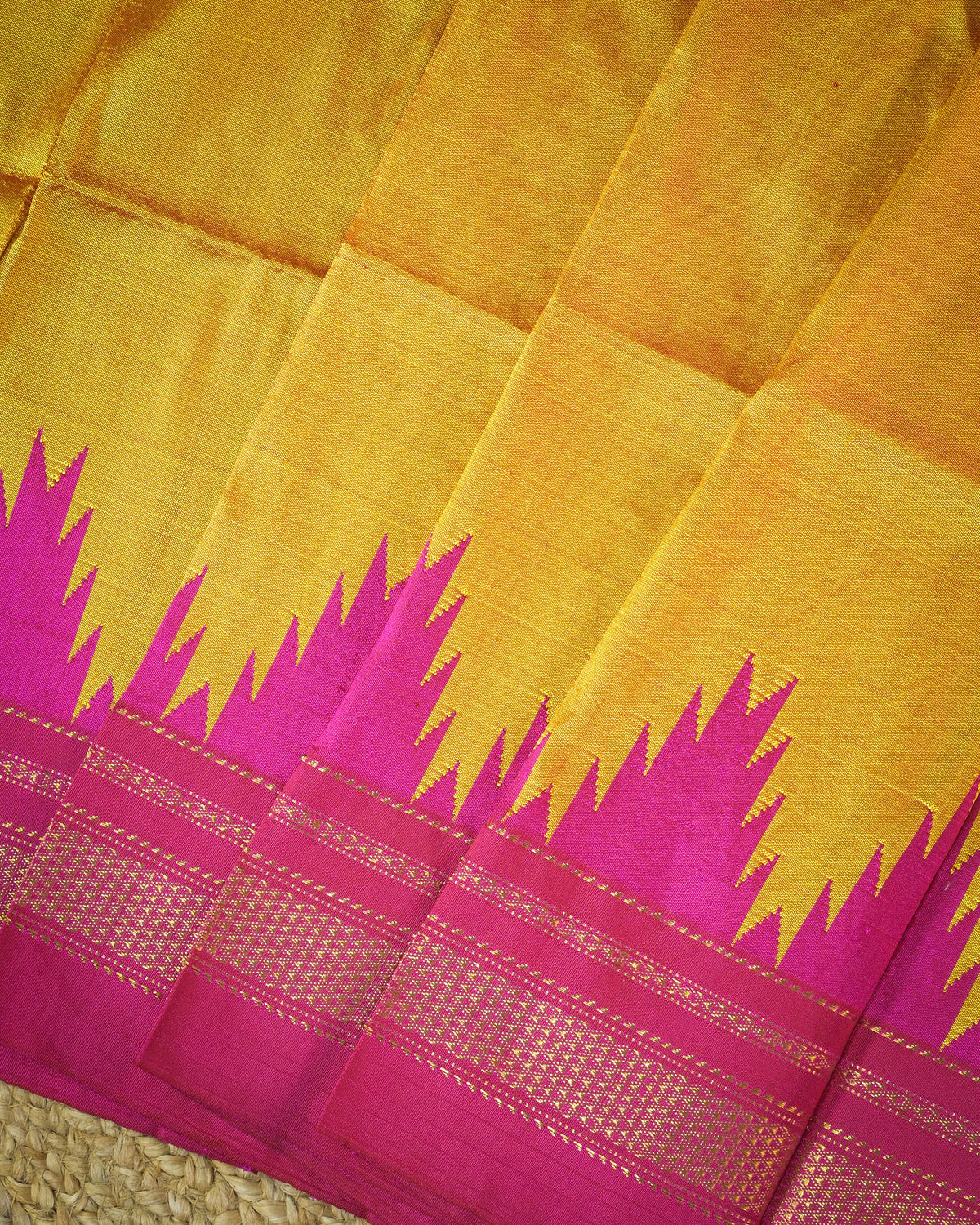Gold Silk Handloom Kolhapuri Ilkal Saree with Pink Temple Border