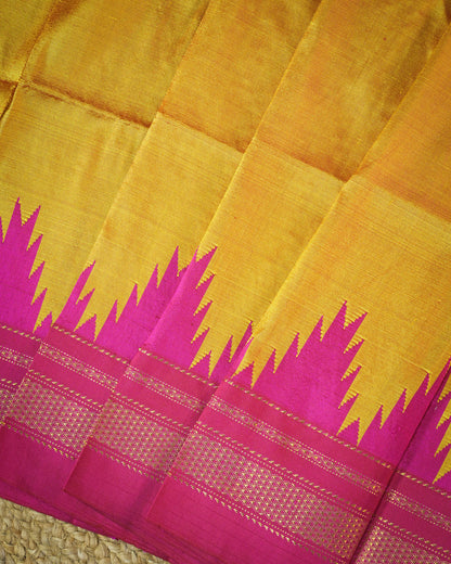 Gold Silk Handloom Kolhapuri Ilkal Saree with Pink Temple Border