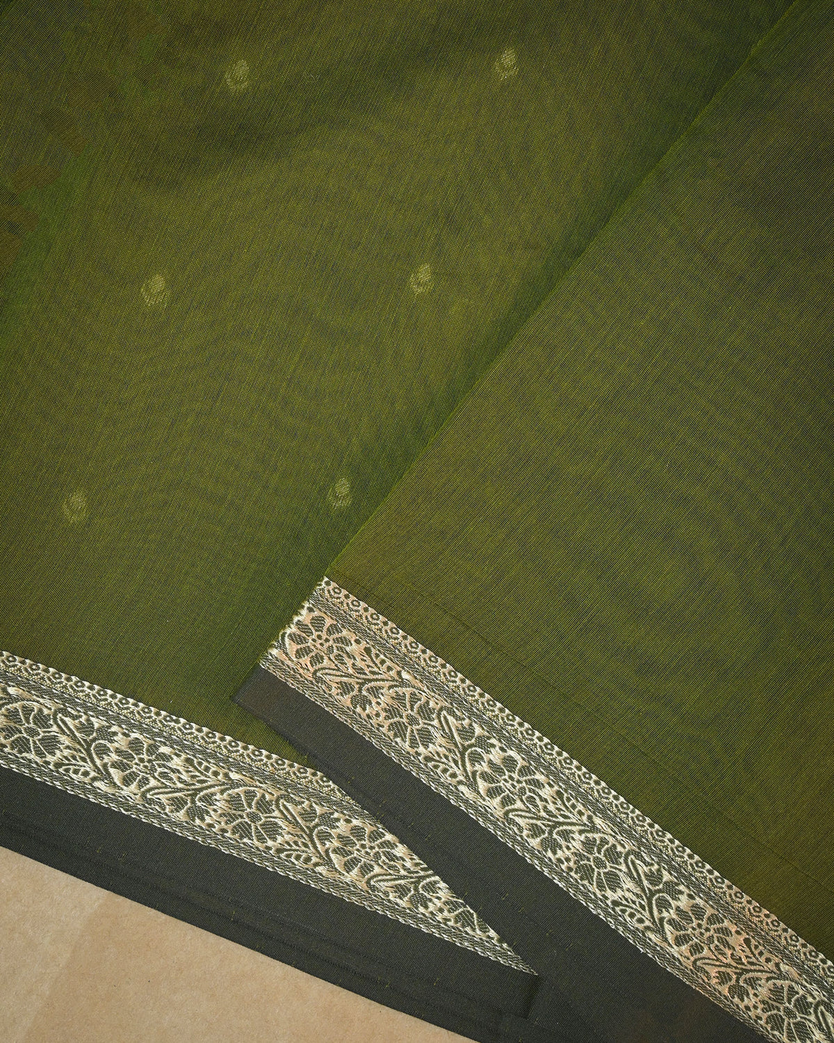 Olive Green Chanderi Cotton Saree with Woven Buttis & Piping Border