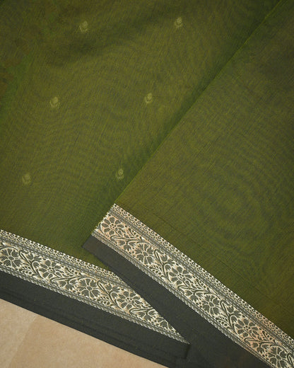 Olive Green Chanderi Cotton Saree with Woven Buttis & Piping Border