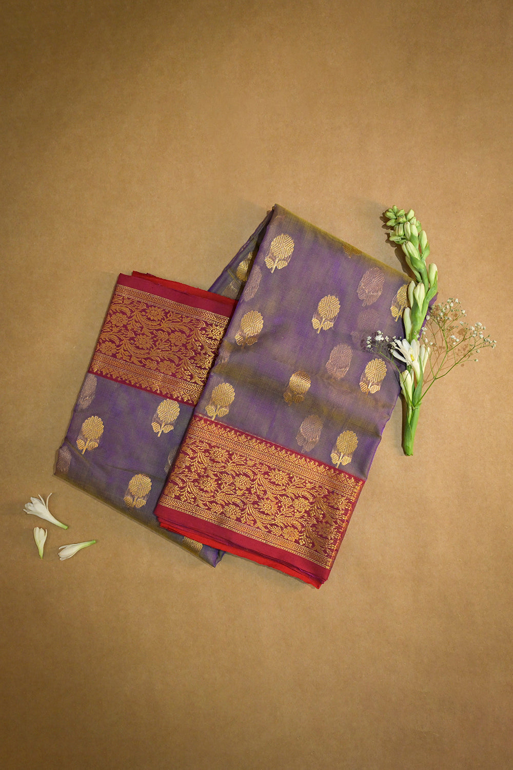 Chanderi Woven Jari Motifs With Red Contrast