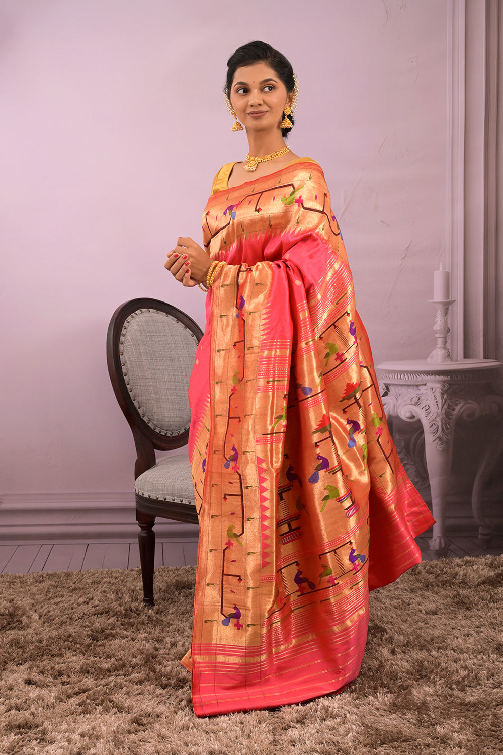 Paithani Woven Gold Jari Motifs With Peacock Border