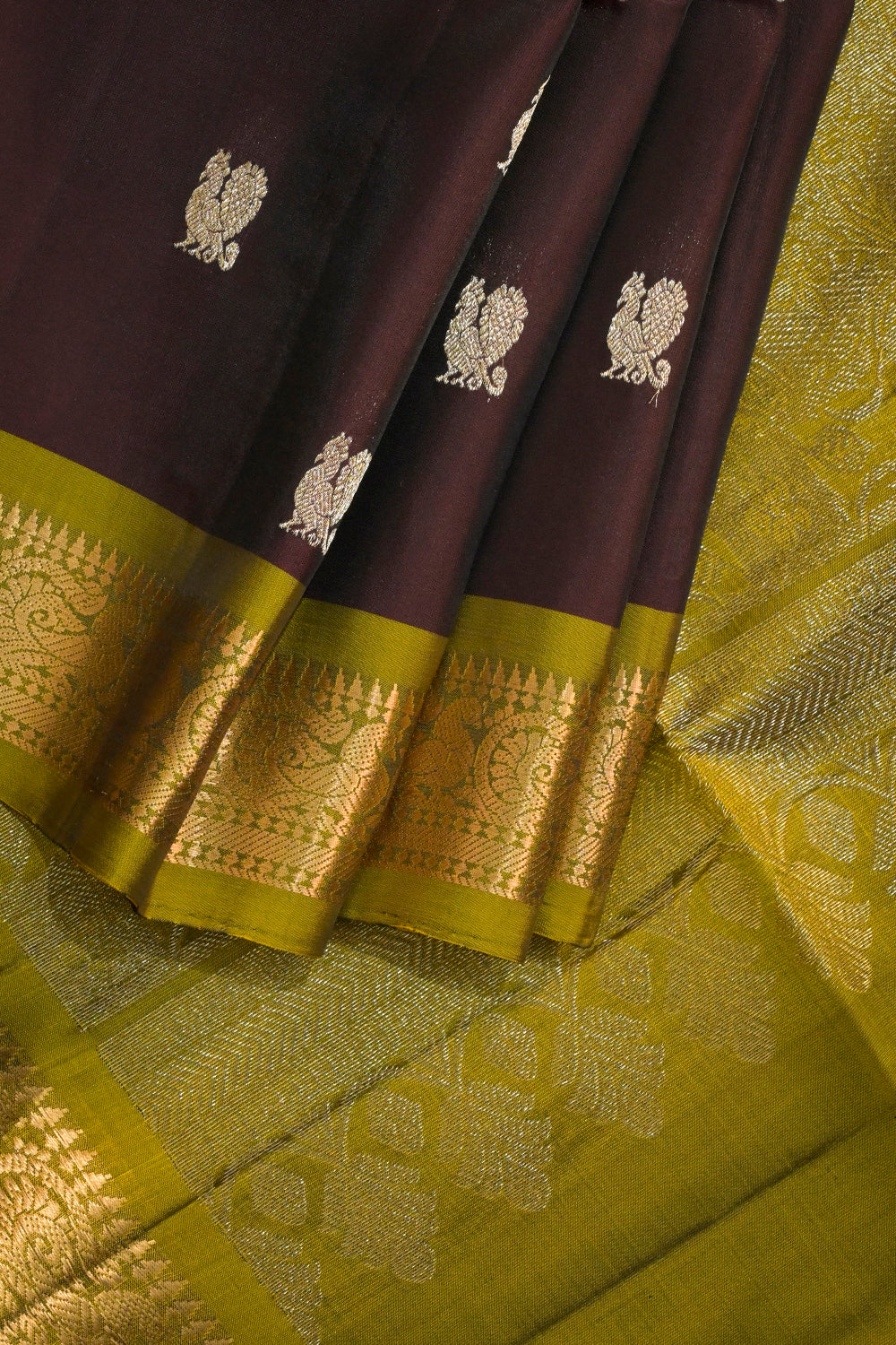 Soft Silk Woven Peacock Jari Motifs With Parrot Green Contrast