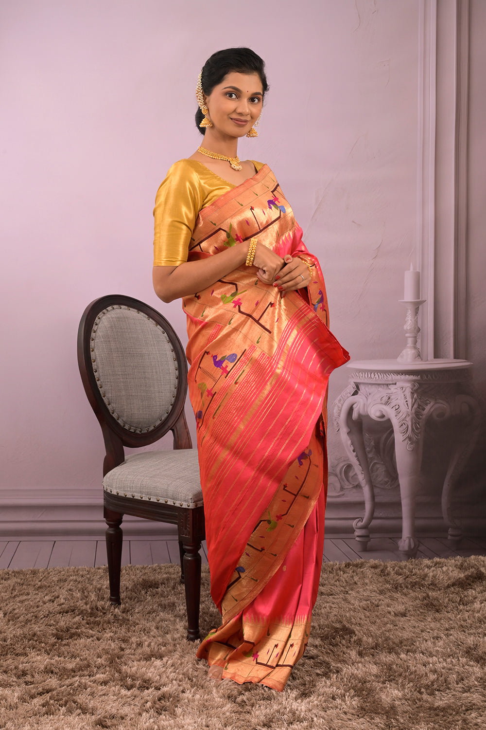 Paithani Woven Gold Jari Motifs With Peacock Border
