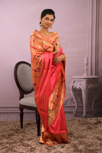Paithani Woven Gold Jari Motifs With Peacock Border
