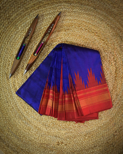 Royal Blue Silk Handloom Kolhapuri Ilkal Saree with Red Temple Border