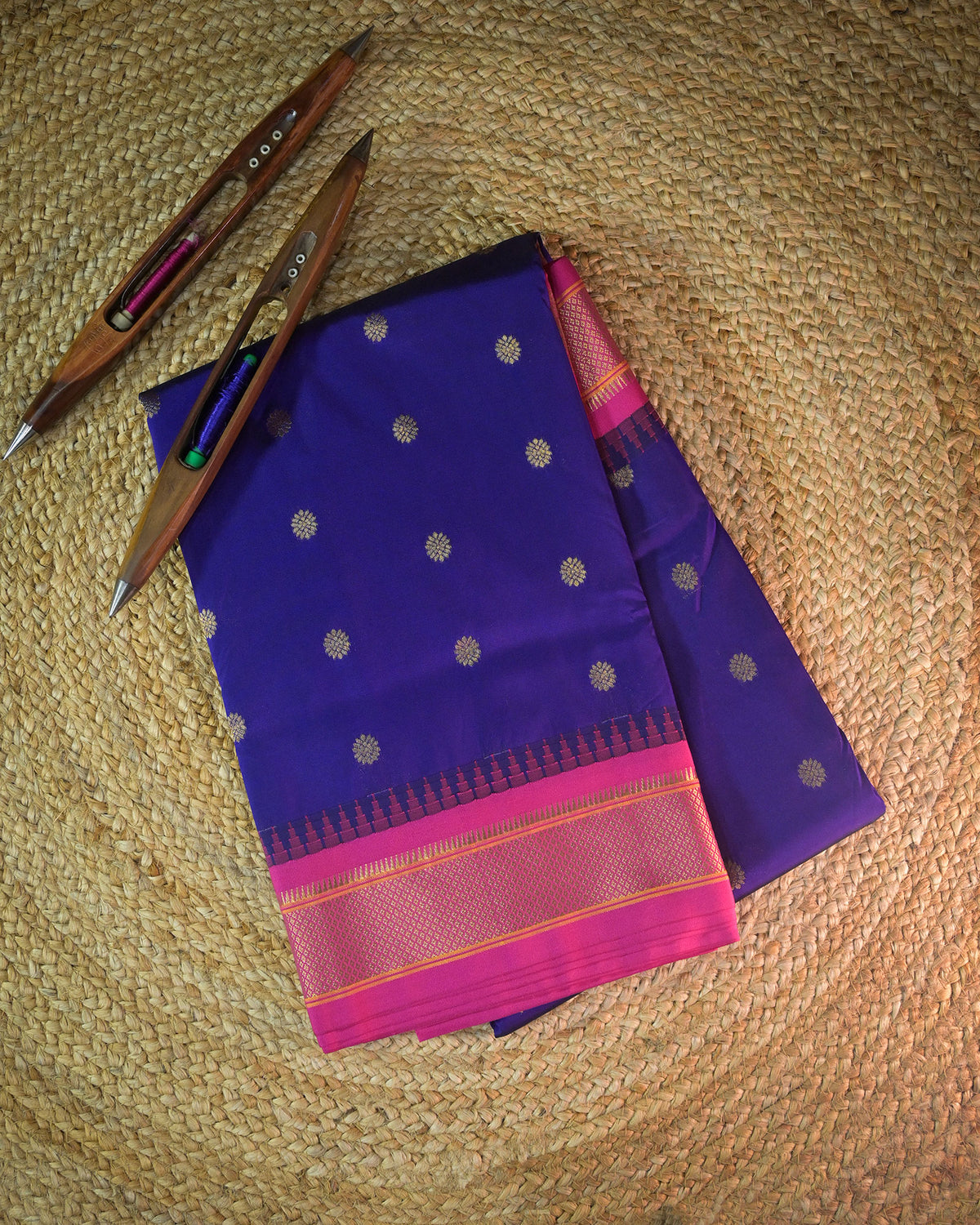 Royal Blue Semi Paithani Silk Saree with Pink Contrast & Woven Chunri Buttis